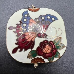 Vintage Puffed Rounded 2" Square Cloisonne Butterfly Floral Necklace PENDANT